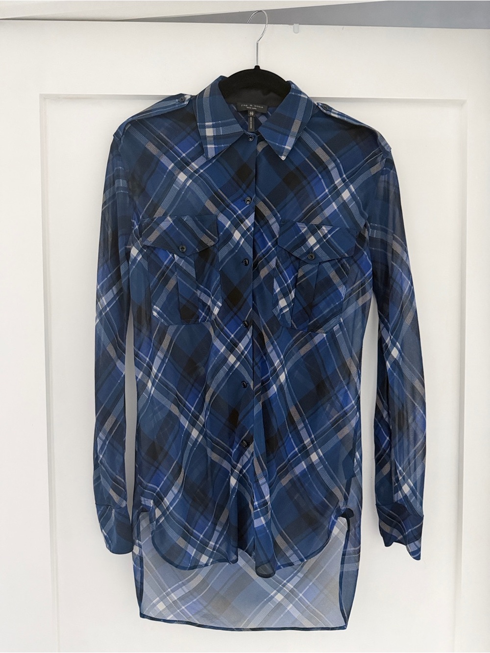 rag & bone 100% Silk Blue Plaid Button-Down Shirt